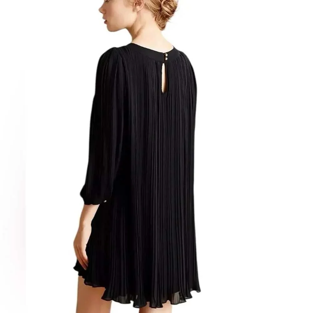 Dear Creatures Black Accordion Pleat Chiffon Mini Dress 3/4 Sleeve XS - Picture 2 of 9